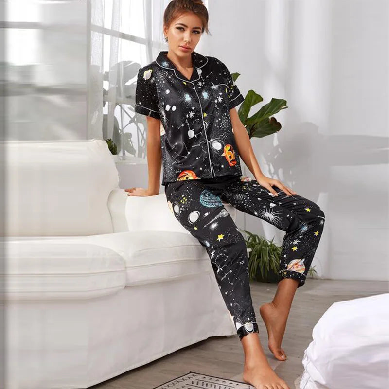 Printed Silk Satin Pajamas